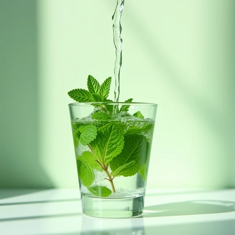Close-up de água sendo derramada sobre folhas de hortelã fresca em um copo de vidro.