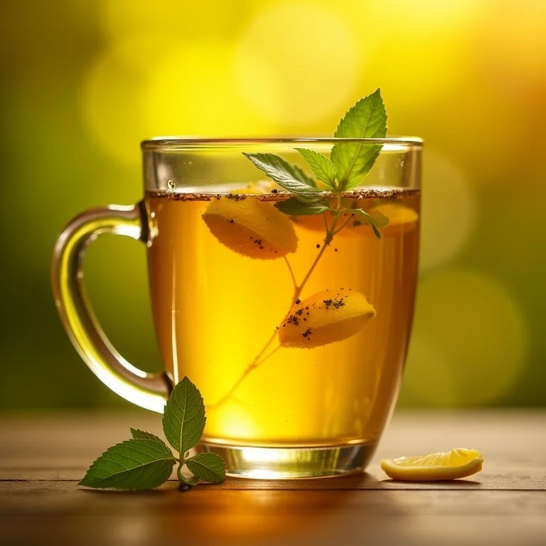 Close-up de chá de erva cidreira em copo de vidro com luz solar dourada