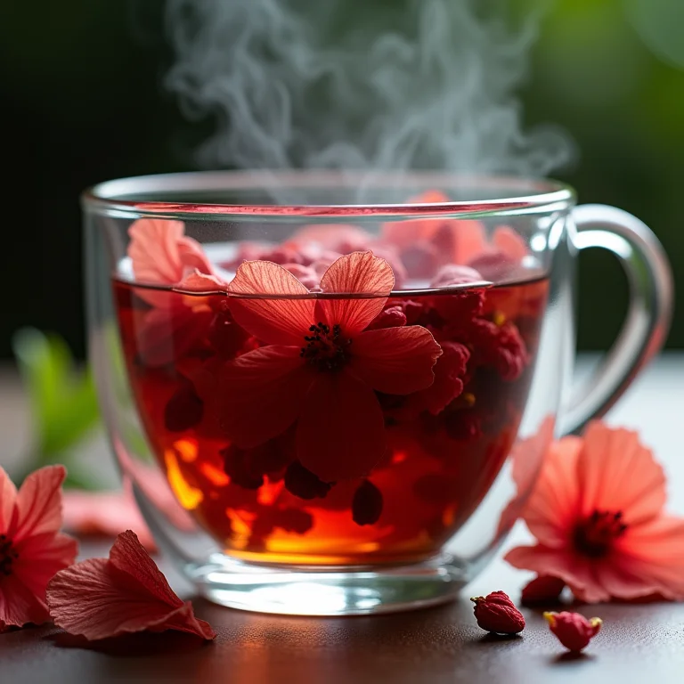 Close-up de chá de hibisco em infusão, destacando a ação diurética