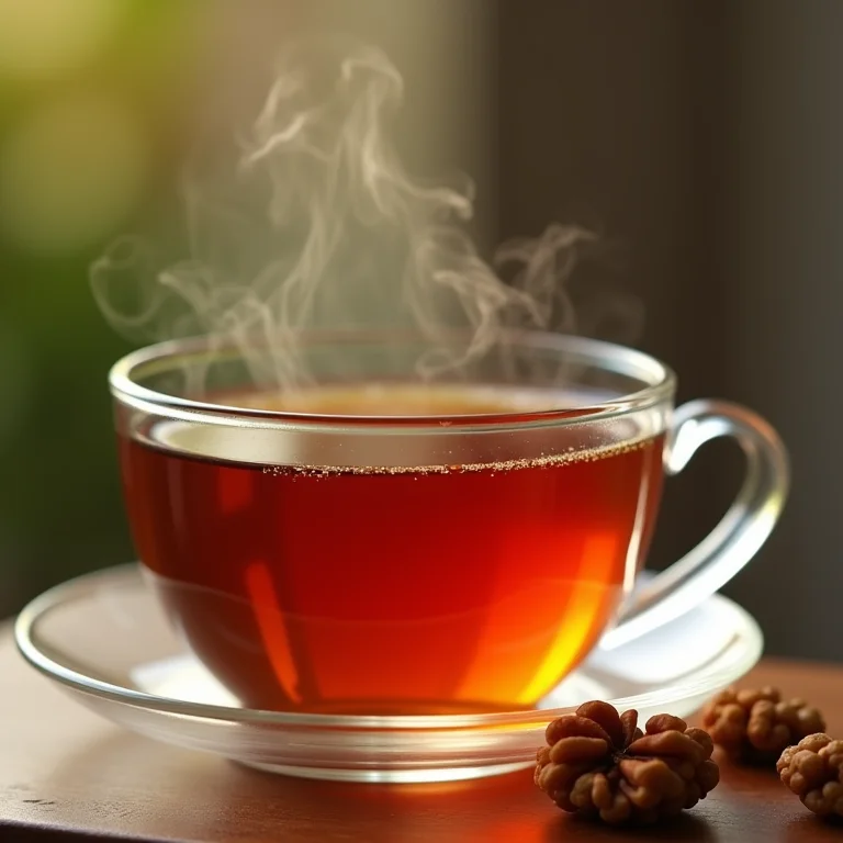 Close-up de chá de nogueira em copo de vidro com vapor delicado