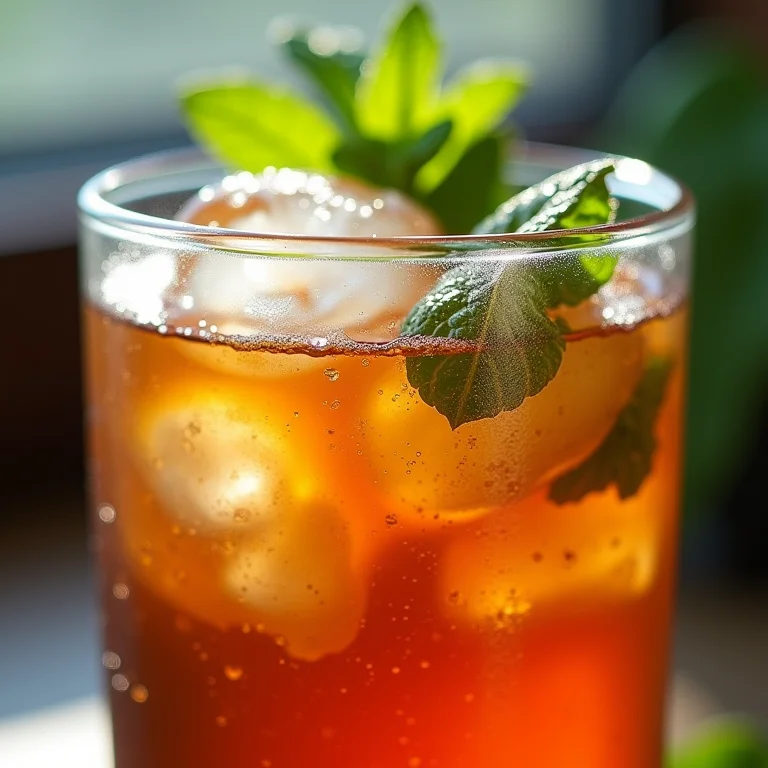 Close-up de cubos de gelo derretendo em chá gelado com hortelã fresca