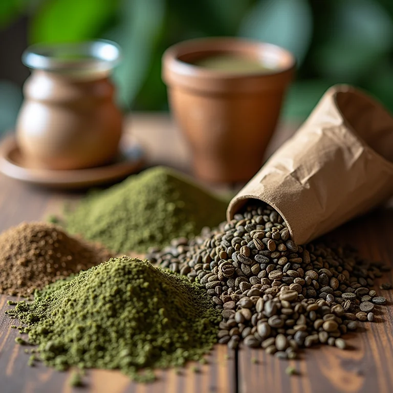Close-up de diferentes marcas de erva mate, mostrando texturas e cores.