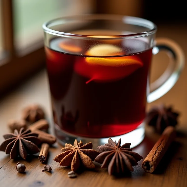 Close-up de especiarias em torno de vinho quente.