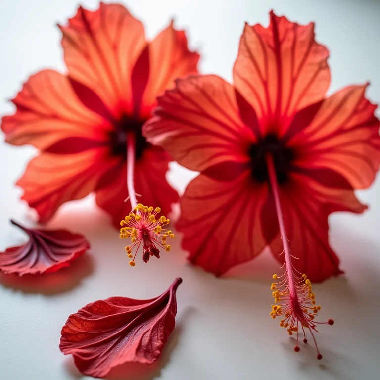 Close-up de flores de hibisco frescas e secas.