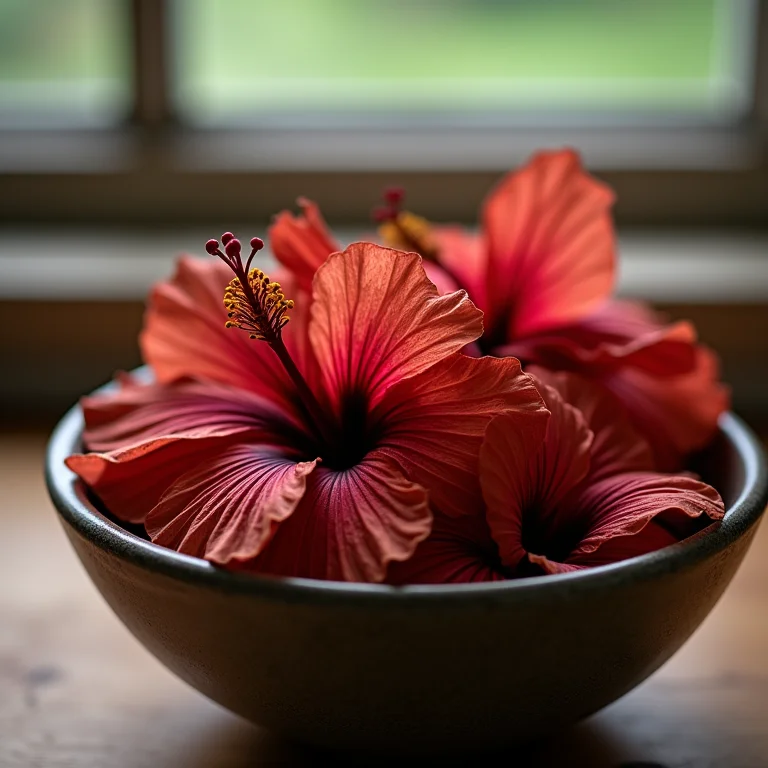 Close-up de flores de hibisco secas em tigela de cerâmica.