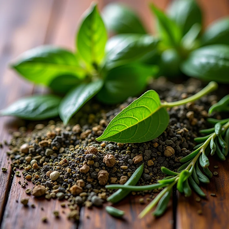 Close-up de folhas de chá e ervas frescas, mostrando texturas e cores.