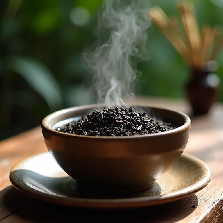 Close-up de folhas de chá preto e xícara fumegante.