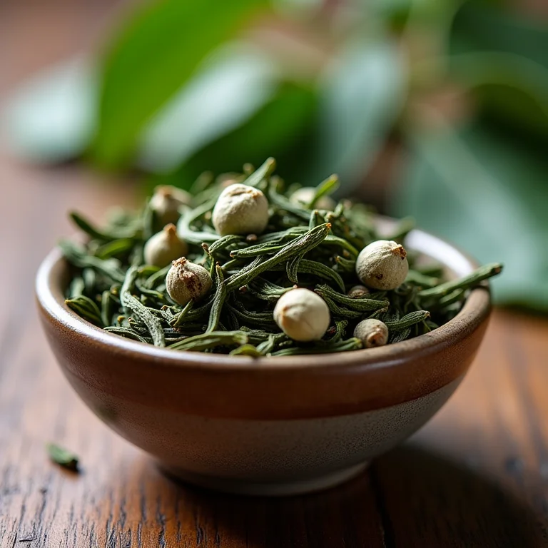 Close-up de folhas de chá verde secas e brotos de chá branco.