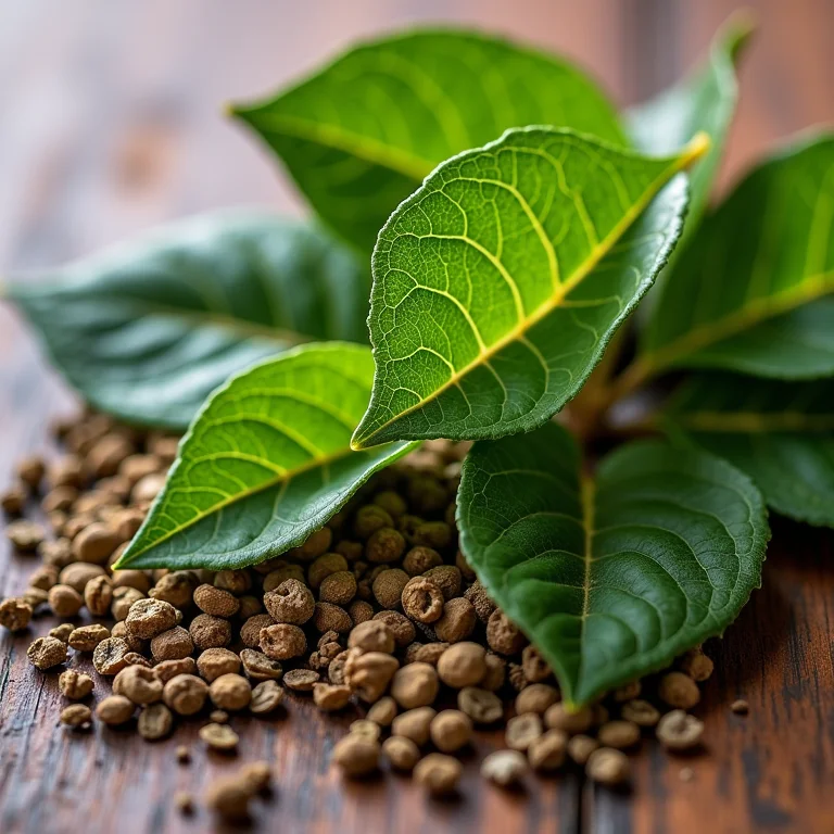 Close-up de folhas de erva mate frescas e secas, destacando suas texturas.