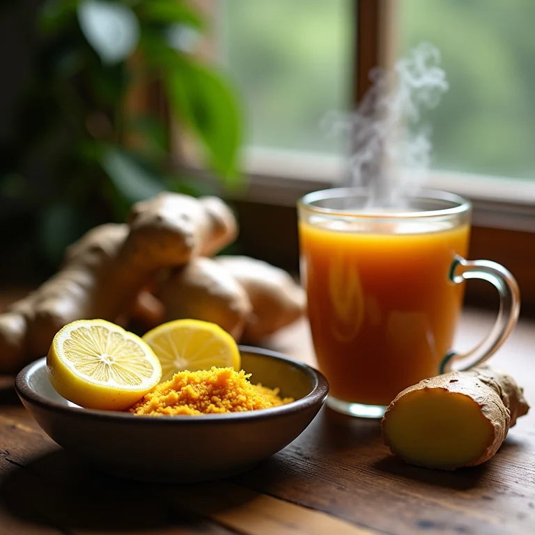 Close-up de gengibre fresco e chá de gengibre fumegante.