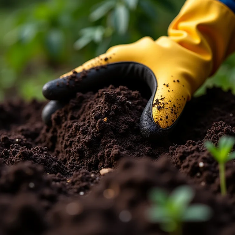 Close-up de solo rico e escuro com luva de jardinagem.