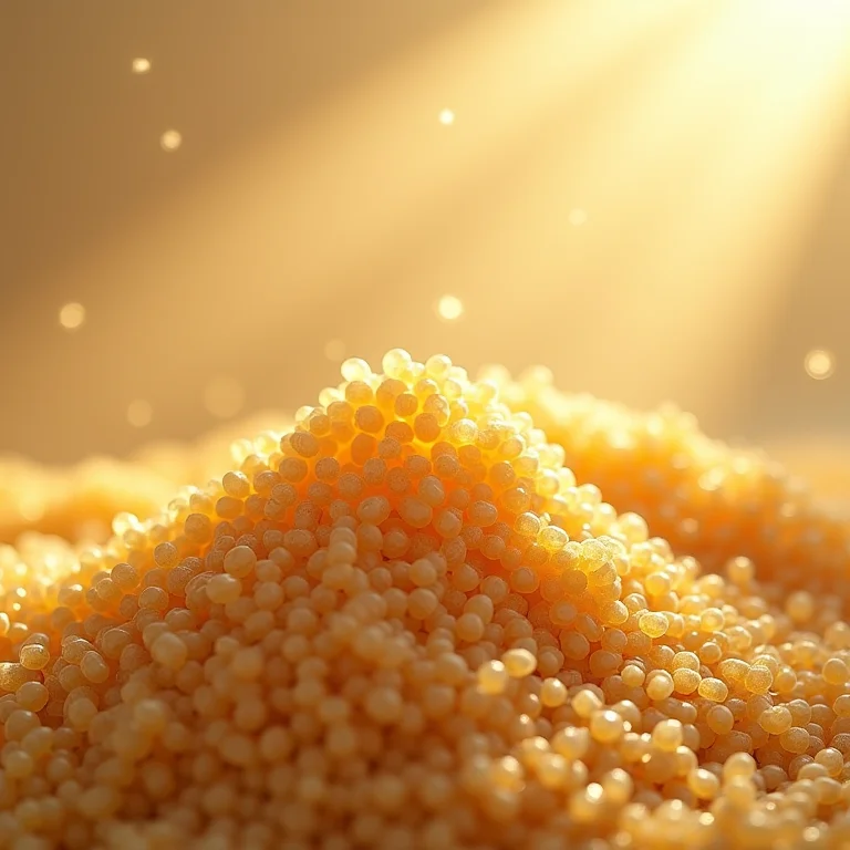 Close-up detalhado de grãos de sêmola de trigo.