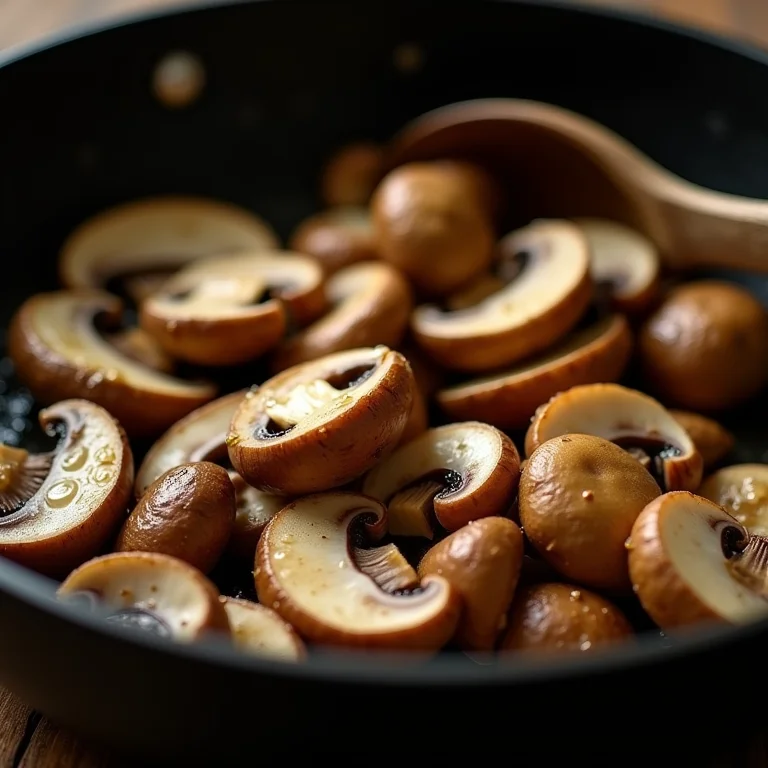 Cogumelos salteados na manteiga para um toque umami e textura ao omelete.
