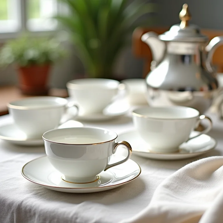 Coleção de xícaras de porcelana e bule de prata