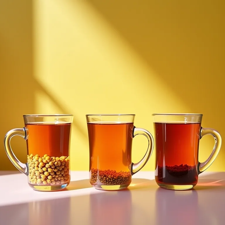 Comparação visual entre chá de marcela, camomila e valeriana.