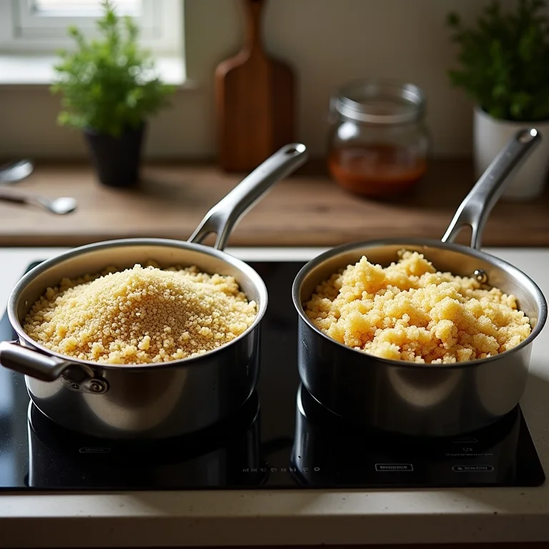 Comparativo de quinoa cozida: textura perfeita vs. textura mole