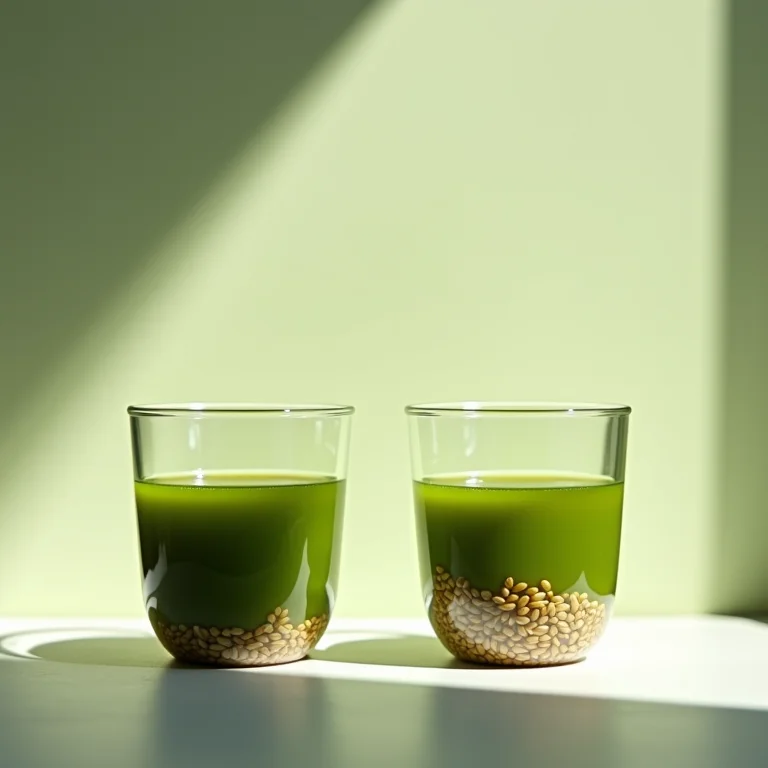 Comparativo visual entre chá verde Genmaicha e chá verde tradicional.