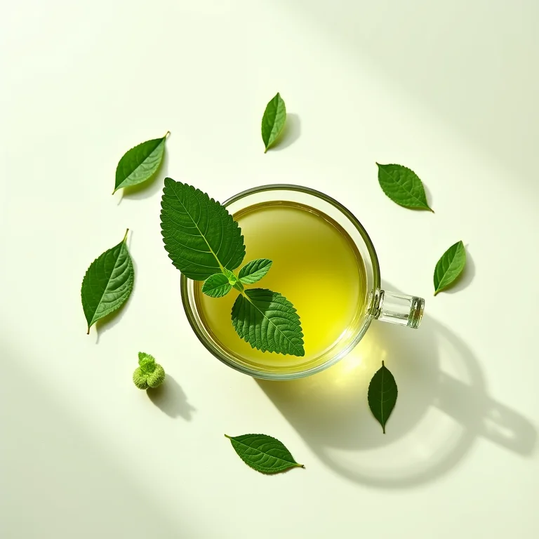 Composição minimalista de chá mate e folhas de hortelã