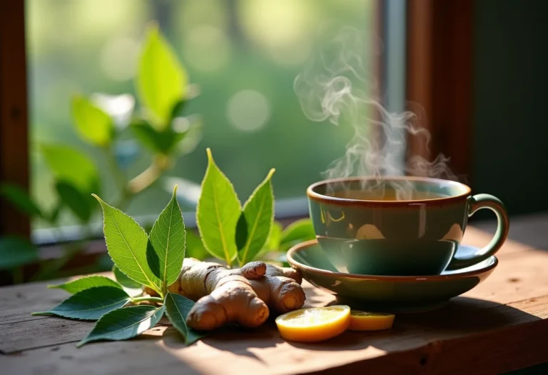 Composição rústica com cavalinha, louro, gengibre e xícara fumegante de chá herbal.