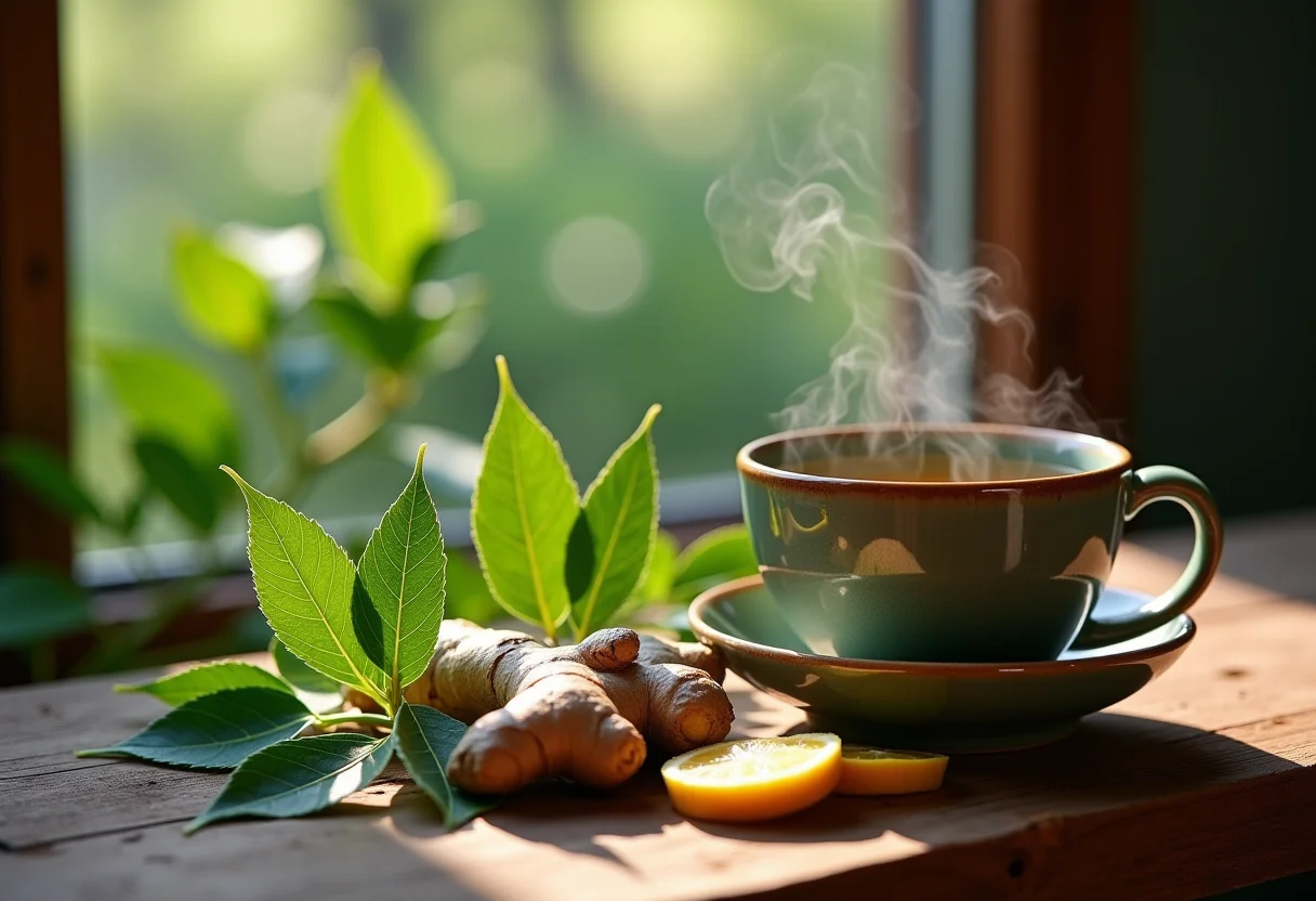 Composição rústica com cavalinha, louro, gengibre e xícara fumegante de chá herbal.