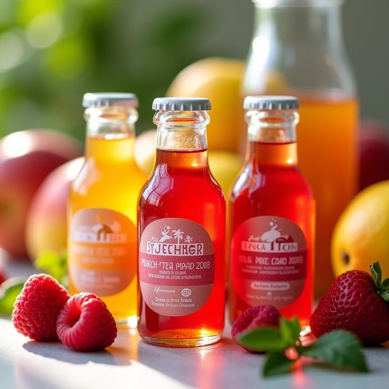 Concentrados de chá gelado aromatizados em garrafas de vidro: pêssego, framboesa e hibisco.