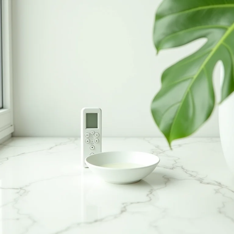 Controle remoto de ar condicionado, folha verde e água em composição minimalista