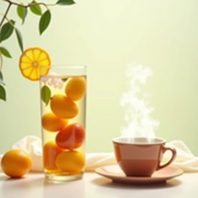 Copo d'água com frutas ao lado de xícara de chá fumegante.