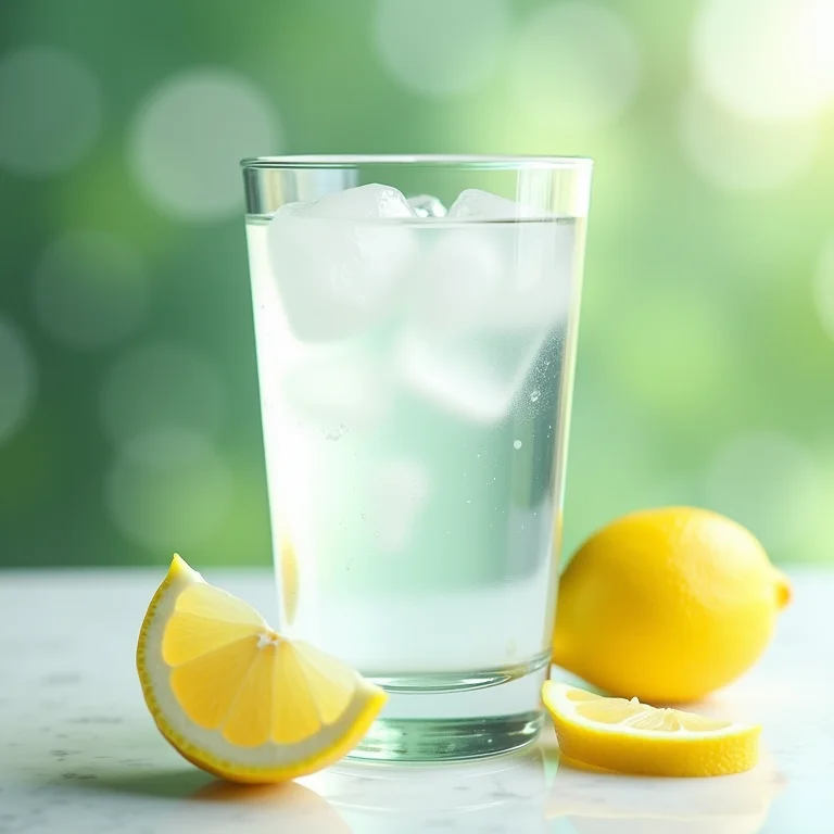 Copo de água cristalina com gelo e rodelas de limão.