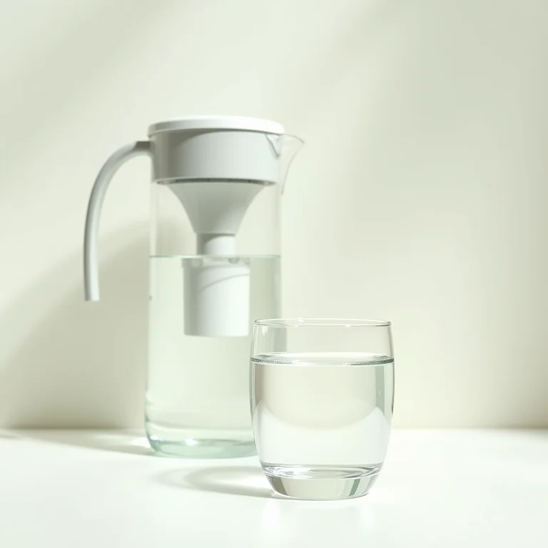 Copo de água filtrada ao lado de um filtro de água.