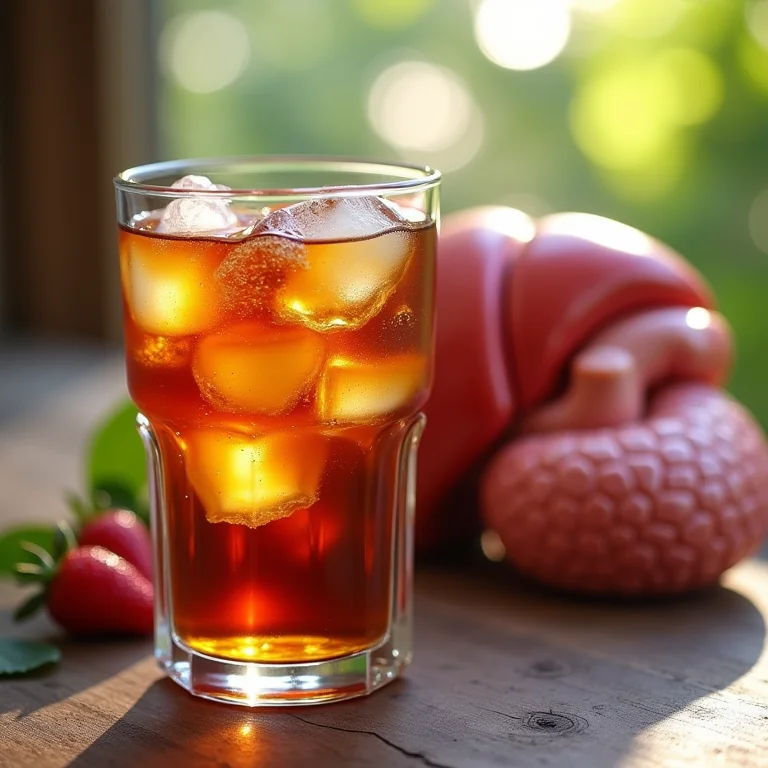 Copo de chá gelado com Coca-Cola ao lado de órgãos humanos (ilustração)