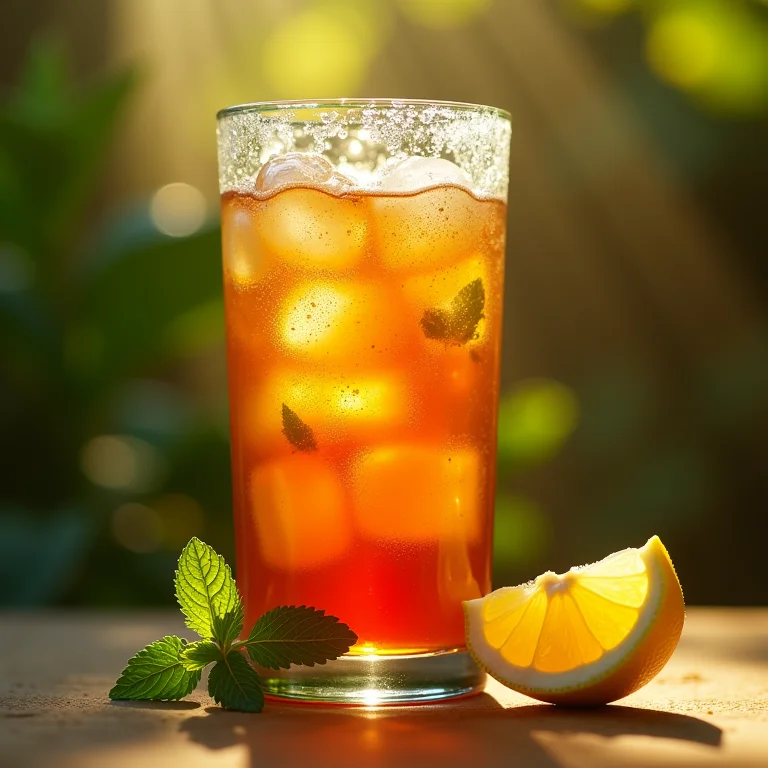 Copo de chá gelado com hortelã e limão.