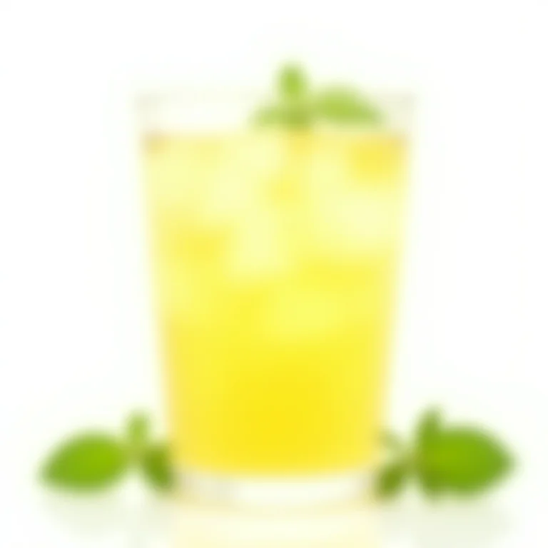 Copo de chá gelado de erva cidreira ao lado de folhas frescas.