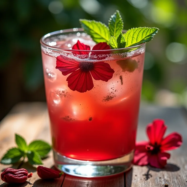 Copo de chá gelado de hibisco com flor e hortelã.