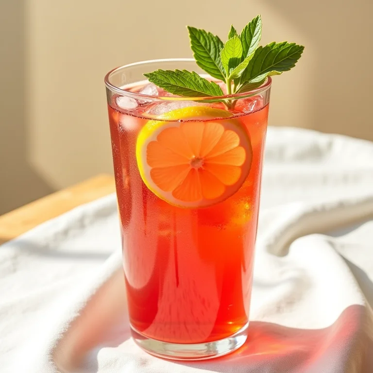 Copo de chá gelado de hibisco com limão e hortelã.