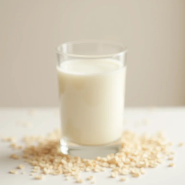 Copo de leite de aveia com grãos de aveia espalhados.