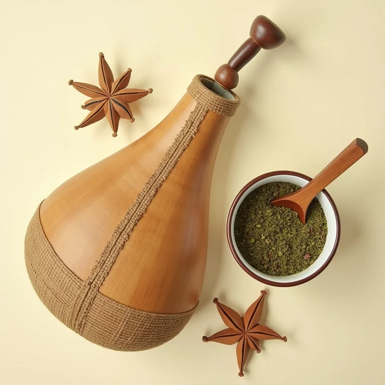 Copo de tereré (guampa), bomba e erva-mate dispostos em um fundo claro.