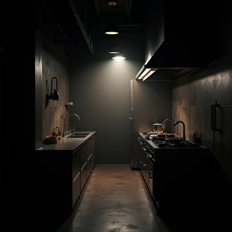 Cozinha industrial com iluminação inadequada e sombras fortes