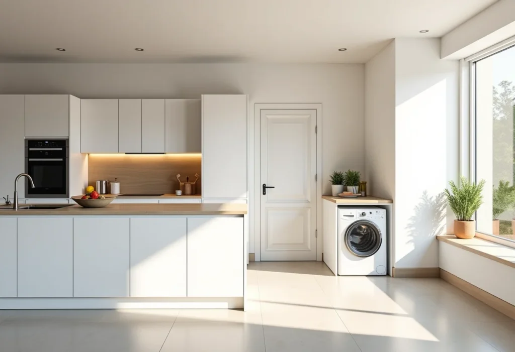Cozinha integrada com lavanderia otimizando espaço