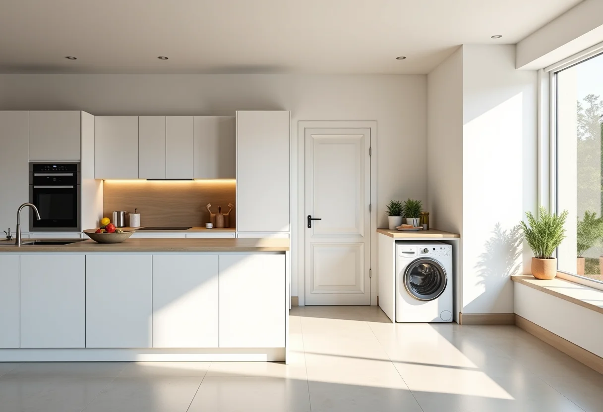 Cozinha integrada com lavanderia otimizando espaço