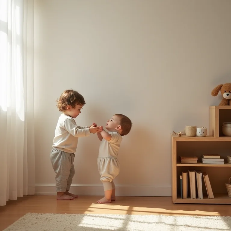 Criança alcançando um brinquedo em prateleira baixa.