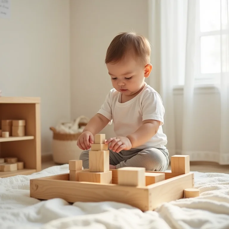 Criança brincando com blocos de montar na cama montessoriana.