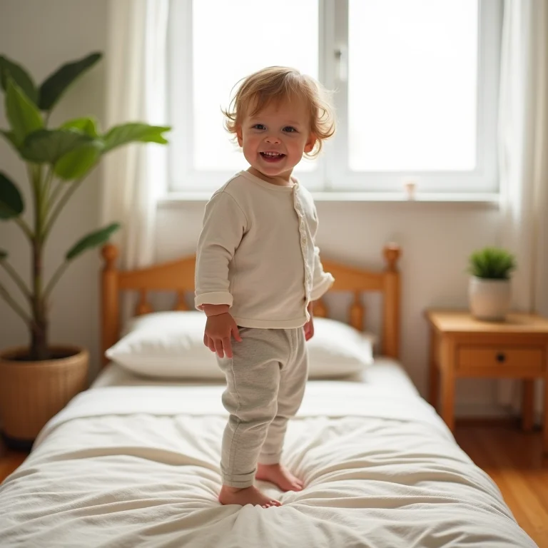 Criança sorrindo em pé na cama montessoriana.