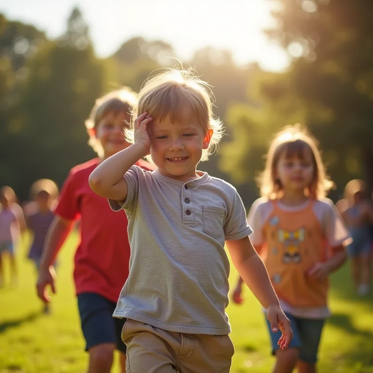Crianças brincando em parque, uma delas coçando a cabeça