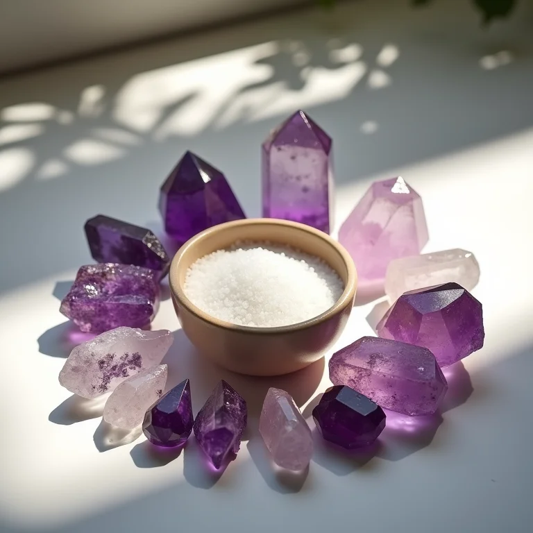 Cristais de ametista e quartzo ao redor de tigela com arruda e sal grosso.