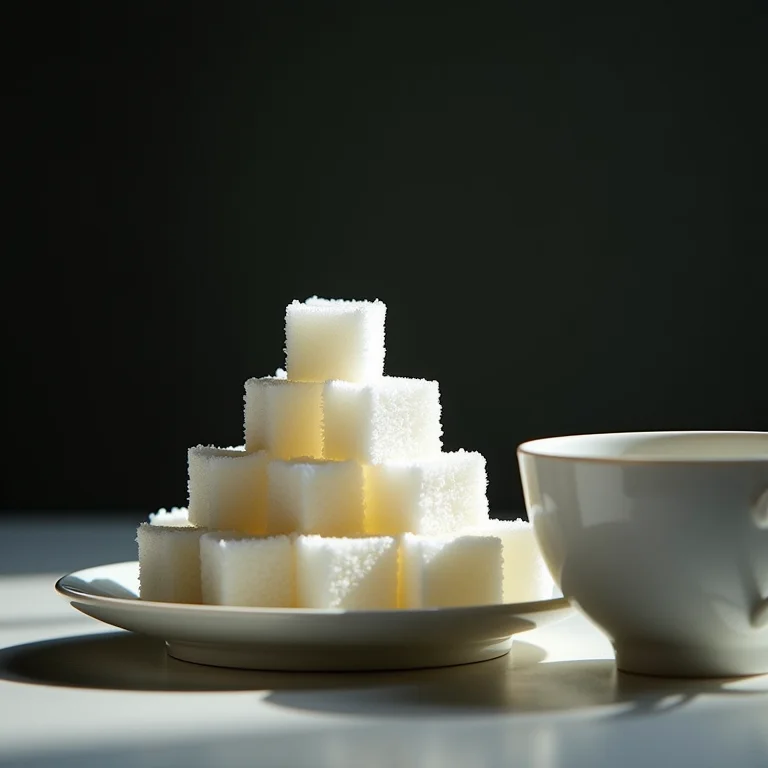Cubos de açúcar refinado contrastam com a delicadeza de uma xícara de chá de porcelana, ilustrando os malefícios do açúcar.