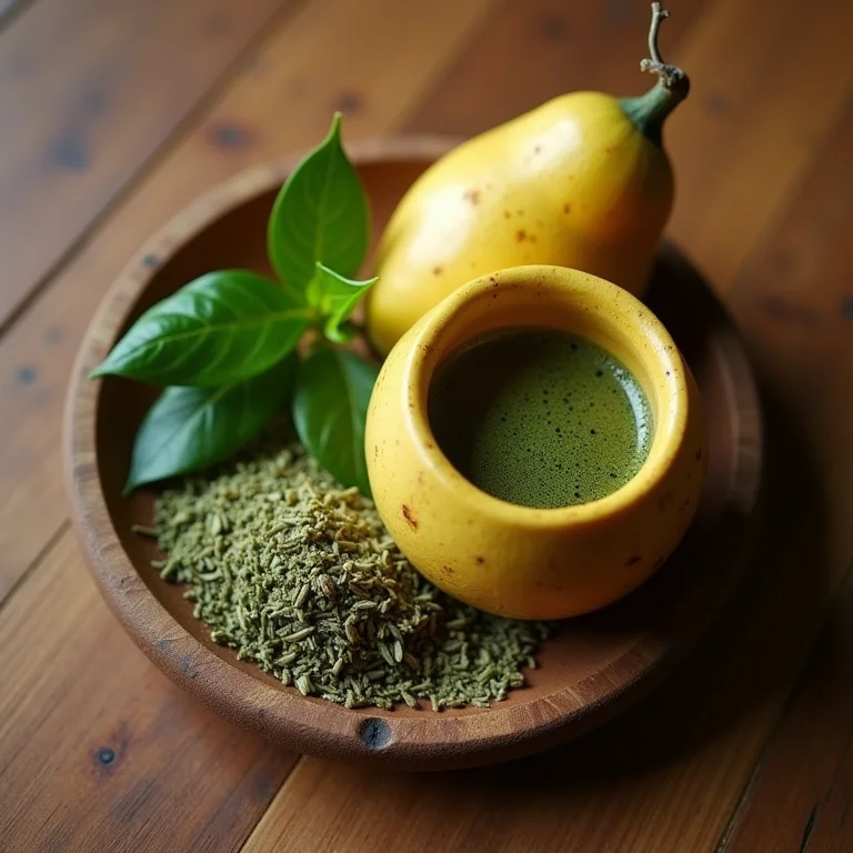 Cuia de chimarrão, bomba e erva-mate dispostos em uma superfície de madeira.