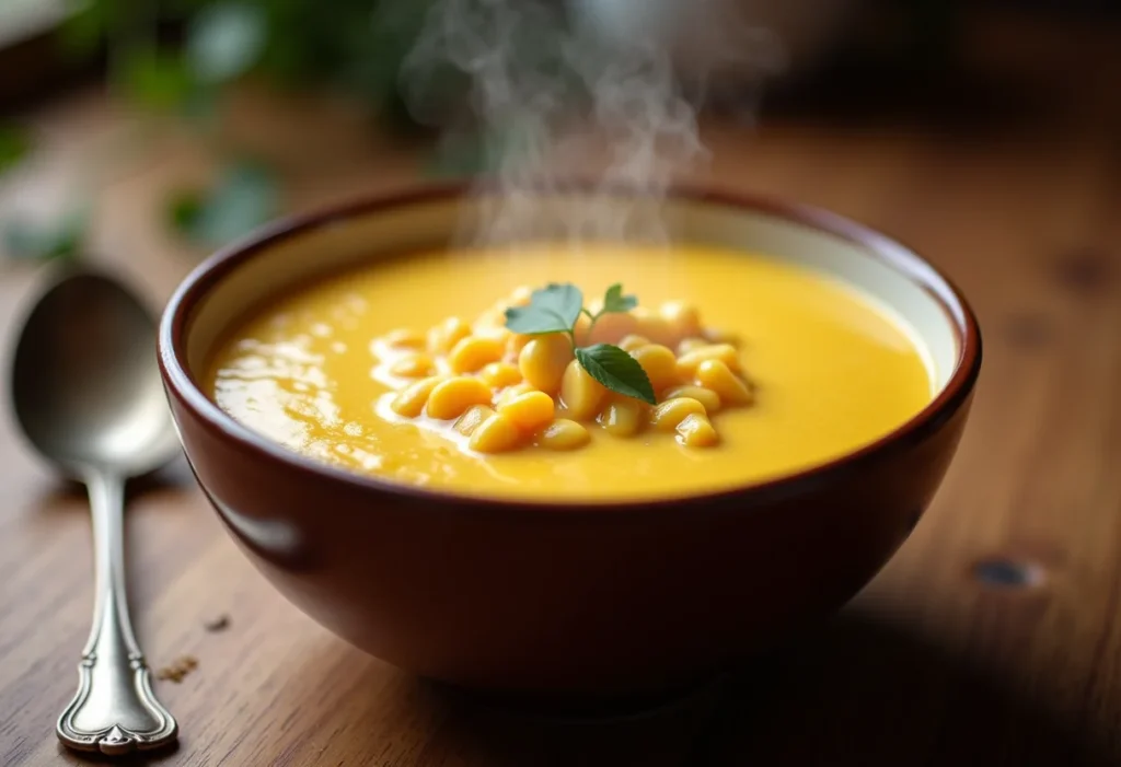 Curau de Milho Cremoso: O Segredo da Receita Perfeita da Vovó Curau de milho cremoso em uma tigela rústica.