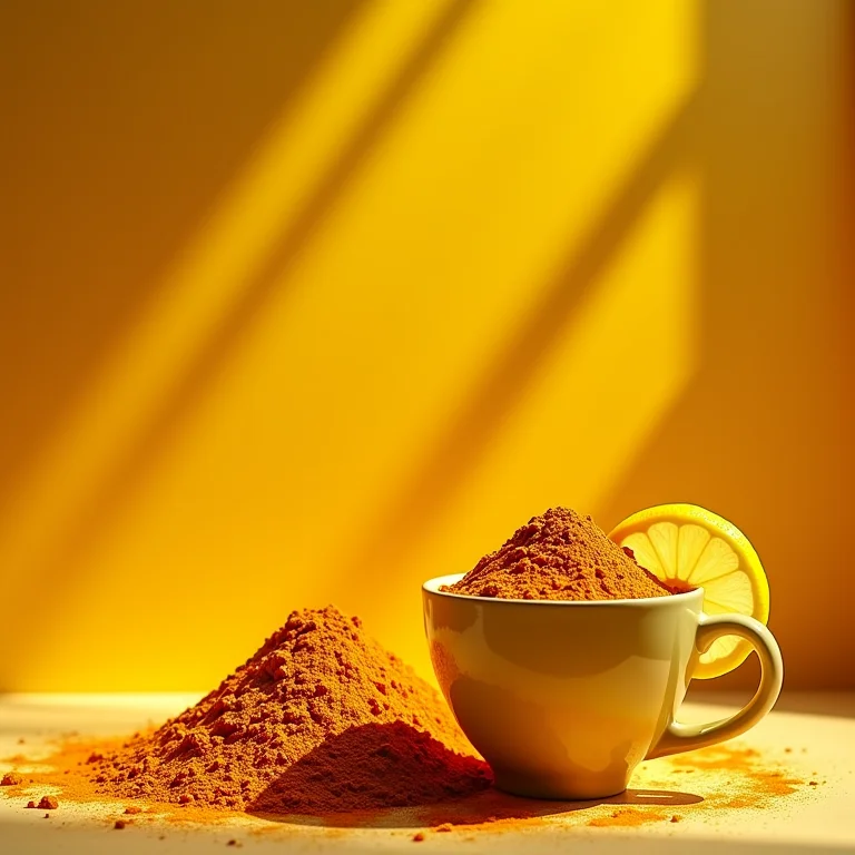 Cúrcuma em pó e xícara de chá de cúrcuma com limão.