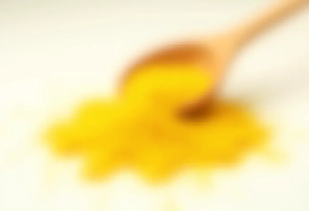 Cúrcuma em pó sendo derramada de uma colher de madeira.