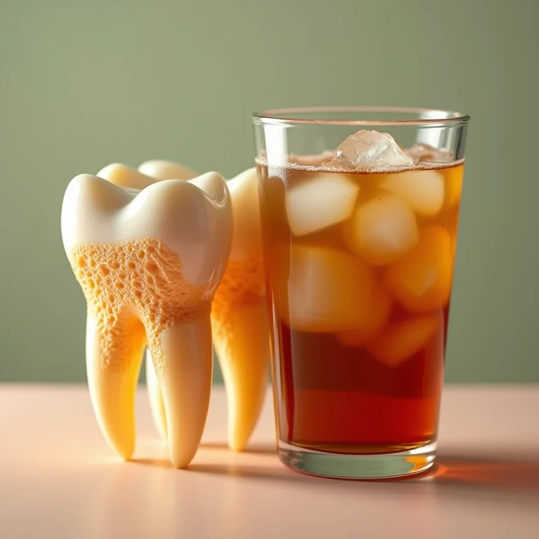 Dentes com esmalte erodido ao lado de um copo de chá gelado